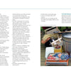 Two-page spread from *Natural Dyeing with Plants* by Schiffer Publishing, Ltd.: left page covers natural dyeing techniques; right page features an outdoor photo of plants, pots, gloves, jars, tongs, and dye tools on a wooden surface.