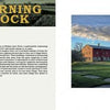 A spread from "The Shaker Legacies" by Schiffer Publishing, Ltd.: the left page features text, and the right page displays a photo of historic Shaker villages on green grass beneath a partly cloudy early morning sky.
