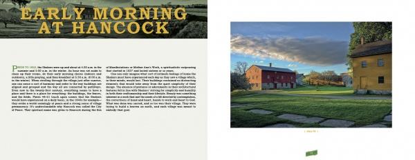 A spread from "The Shaker Legacies" by Schiffer Publishing, Ltd.: the left page features text, and the right page displays a photo of historic Shaker villages on green grass beneath a partly cloudy early morning sky.
