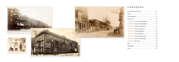 Four sepia-toned historic photos surround a contents page listing chapters on Philadelphia’s neighborhoods and construction, in "City of Neighborhoods" by Schiffer Publishing, Ltd.