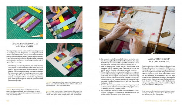 Tapestry Design Basics and Beyond by Schiffer Publishing, Ltd. features step-by-step photos and instructions for paper and tapestry weaving, with close-up images of colorful projects on green cutting mats that highlight key design concepts.