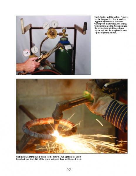 Top: Hands adjust gas tank gauges. Bottom: A torch cuts rebar for concrete furniture, sending out bright sparks. From "Creating Concrete Art Furniture" by Schiffer Publishing, Ltd.