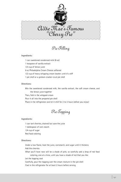 A recipe page from Folklore and Food by Schiffer Publishing, Ltd., inspired by Southern tradition, lists ingredients and directions for cherry pie filling and topping, with a vintage pie illustration featured at the top.
