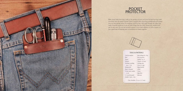 A Leathercraft pocket protector from Schiffer Publishing, Ltd. holds scissors, pens, and a pencil on blue jeans, with a guide beside it showing tools, materials, and an illustration.