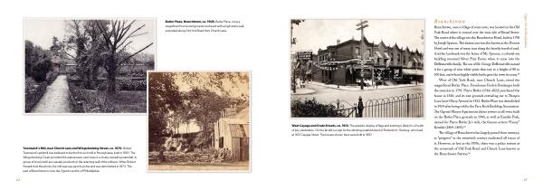 A two-page spread from Schiffer Publishing’s "City of Neighborhoods" features three vintage black-and-white photos—a tree-lined path, people by a house, and a decorated street—with a Brookhaven column on the right page.