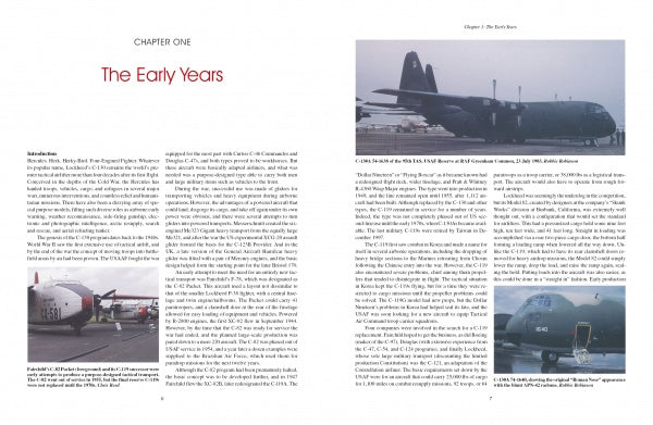 A spread from "Lockheed C-130 and Its Variants" by Schiffer Publishing, Ltd. shows two pages titled “The Early Years,” featuring text and three photos of Cold War cargo planes on airfields—ideal reference for scale modellers.