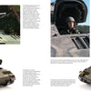 A Schiffer Publishing, Ltd. spread features detailed photos of M2/M3 Bradley vehicles, with close-ups of exteriors and a soldier in a hatch, accompanied by captions and technical details.