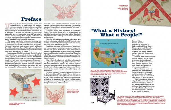 Schiffer Publishing, Ltd.’s "Quilts Presidential and Patriotic" presents a two-page spread with a quilt history preface, U.S. map, eagle and star motifs, a black-and-white pattern, and images in red and blue-accented columns.