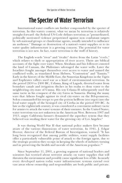 A page from Global Thirst by Schiffer Publishing, Ltd. discusses water conflicts, pollution, terrorism definitions, and historical water-related hostilities. The bottom right shows page 43.