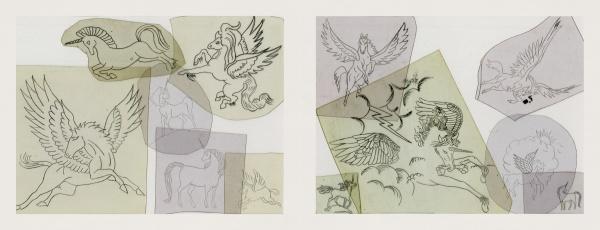 Classic Tattoo Stencils by Schiffer Publishing, Ltd. features dynamic Pegasus sketches arranged on a light background, evoking classic American tattoos with overlapping stencil-inspired designs.
