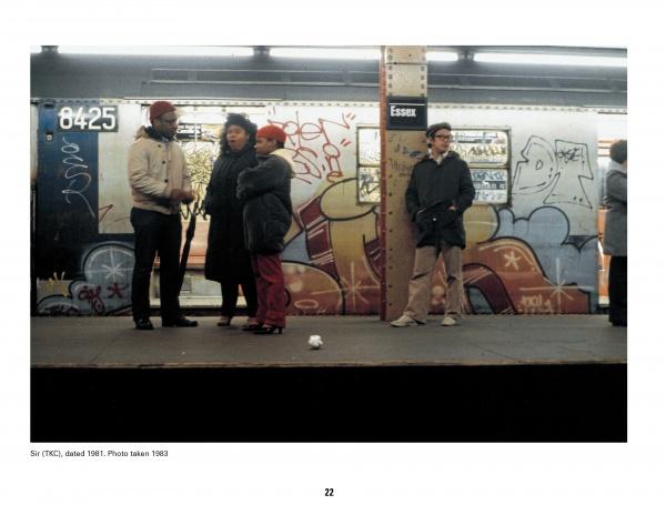 Five people stand on a subway platform in front of a graffiti-covered train, echoing early 1980s New York. Inspired by "New York Subway Graffiti" from Schiffer Publishing, Ltd., this scene captures the city’s vibrant street art culture.