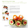Garnish and Decorating Made Easy by Schiffer Publishing, Ltd. shows how to carve zucchini and carrot flowers with radish and mozzarella centers for beautiful food decor. Includes step-by-step photos, assembly on a decorated plate, and clear text instructions.