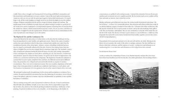 A two-page spread from Housing and the City (Schiffer Publishing, Ltd.): the left page features a heading and text, while the right page displays more text above a black-and-white photo labeled "Public housing, Paris," showing old city apartments.