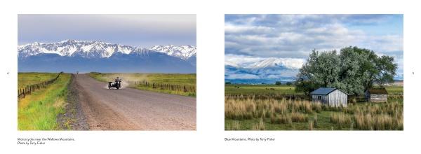 Side-by-side photos from "Eastern Oregon" by Schiffer Publishing, Ltd.: left, a motorcycle on a dirt road toward snowy peaks; right, a rustic shed and trees in a field with distant mountains under clouds in high-desert country.