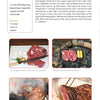 A page from "On an Open Fire" by Schiffer Publishing, Ltd. features steak grilling instructions, an ingredients list, and three photos: raw marbled steak, steak on a cast iron griddle, and sliced cooked steak with a pink center.
