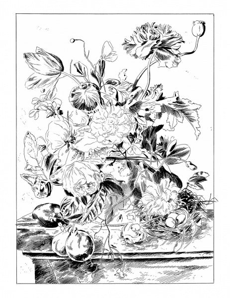 Schiffer Publishing, Ltd.'s 'Looted Beauty' features a black and white illustration of a vase with flowers, leaves, fruits, and eggs on wood—an art coloring book inspired by lost masterpieces.
