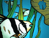 An illustration from "The Fish Tank" by Schiffer Publishing, Ltd. features tropical fish swimming among green aquatic plants with a blue background and a large yellowish rock or coral on the right side.