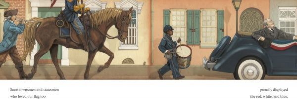 An illustration from "America's Flag Story" by Schiffer Publishing, Ltd. shows a parade: a man on horseback, a boy with a drum, and a car decorated with red, white, and blue bunting and the American flag passing colorful buildings with balconies.
