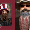 Two men highlight their pogonotrophy skills: one in an Uncle Sam hat with a fierce beard, the other sporting sunglasses, a straw hat, and a patriotic beard—perfect for fans of "Art of the Beard" by Schiffer Publishing, Ltd.