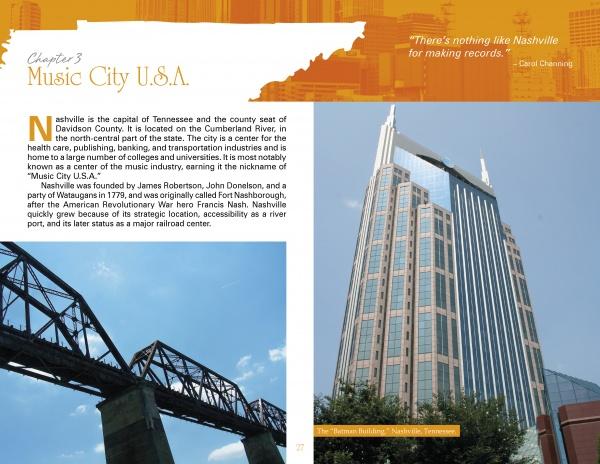 Traveling in Tennessee by Schiffer Publishing, Ltd. features a Nashville page with photos of a bridge and the AT&T Building, highlighting Music City USA's lively music scene and vibrant atmosphere.