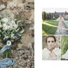 “The Painter's Wedding” by Schiffer Publishing, Ltd. features rustic bridal inspiration: a bouquet of white and purple flowers with a blue ribbon on gravel, plus dreamy portraits of a bride in white near trees and a manor.