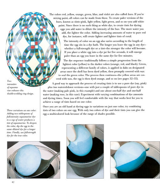 Decorating Eggs by Schiffer Publishing, Ltd. is featured with an intricately patterned egg above three photos: dipping a blue egg in dye, turning it with a spoon, and holding it to show color contrast. Text describes the dyeing process.