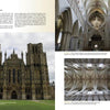 The left page of *Cathedrals Built by the Masons* (Schiffer Publishing, Ltd.) shows a grand Gothic cathedral exterior; the right page displays interiors with vaulted ceilings and arches. Each image includes descriptive text about classic European cathedral features.