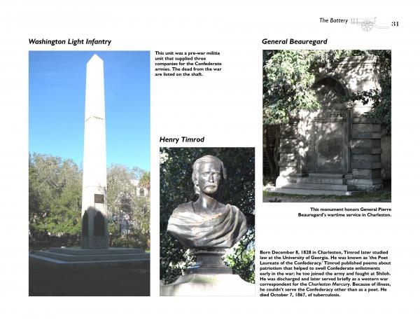 A page from Schiffer Publishing, Ltd.'s "Civil War Tour of Charleston" features photos of the Washington Light Infantry obelisk, Henry Timrod bust, and General Beauregard monument—perfect for those exploring Charleston's Civil War sites.