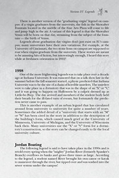 Haunted Hoosier Halls: Indiana University by Schiffer Publishing, Ltd. shares legends like the graduating virgin myth, a haunted Little 500 bicycle, and bizarre Jordan River boating—classic tales of IU's haunted history.