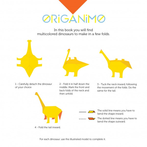The Dinosaurs origami guide by Schiffer Publishing, Ltd. features labeled diagrams and clear instructions showing how to fold a yellow paper dinosaur in four easy steps, making paper folding fun and simple.