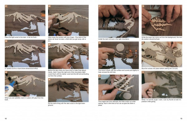 A step-by-step photo guide in Schiffer Publishing, Ltd.’s "Scroll Saw Pictures, 2nd Edition" shows hands assembling a wooden mountain scene puzzle using scroll saw patterns, from arranging pieces to gluing and finishing.
