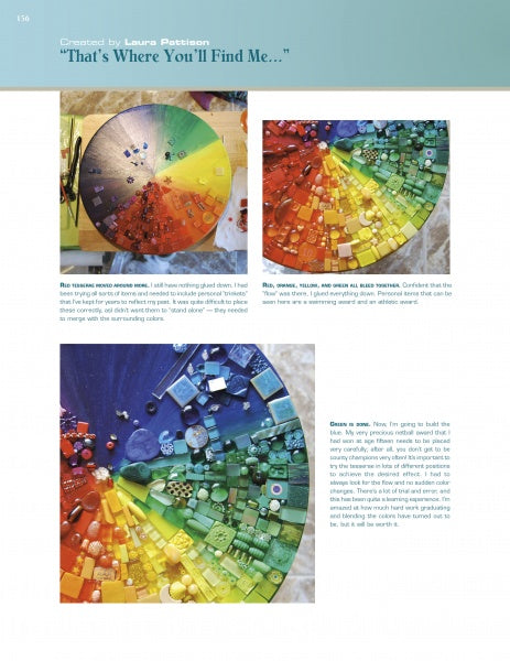 A magazine page highlights "Mastering Mosaics" by Schiffer Publishing, Ltd., showing photos of colorful beads, tiles, and stones arranged in a rainbow circle, with text sections on mosaic techniques and the creative process.