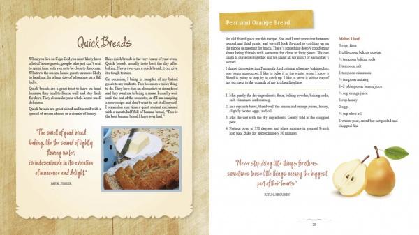 Two pages from "Meet Me in My Cape Cod Kitchen" by Schiffer Publishing, Ltd.: one highlights quick breads with a quote, bread photo, and Cape Cod–inspired recipe; the other features a pear and orange bread recipe with an illustration of pears.