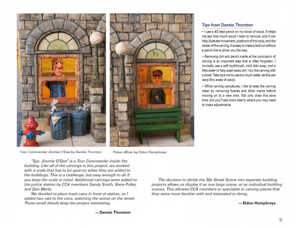 A page from Carving a 1930s Street Scene by Schiffer Publishing, Ltd. shows two miniature dioramas—a tour commander and a police officer—with detailed exteriors, woodcarving by Caricature Carvers of America, and helpful text sections.