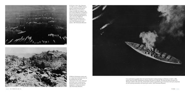 Two black-and-white photos on the left show soldiers landing and debris-strewn terrain; the right page features USS Tennessee (BB-43) amid the Battle of Surigao Strait, from "Legends of Warfare" by Schiffer Publishing, Ltd.