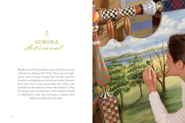 A woman hand-paints a wooden piece next to a vibrant mural. The left page shares how "Celebrating MacKenzie-Childs" from Schiffer Publishing, Ltd. captures the handcrafted style of MacKenzie-Childs decor.