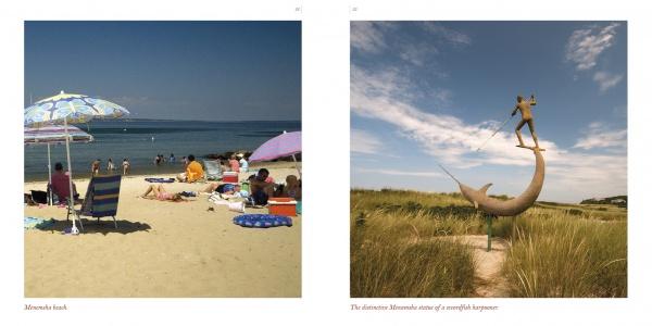 Left: People relax under umbrellas on a sandy beach by the sea. Right: A statue of a person riding a large fish sits on a grassy dune beneath blue skies, from Martha's Vineyard by Schiffer Publishing, Ltd.