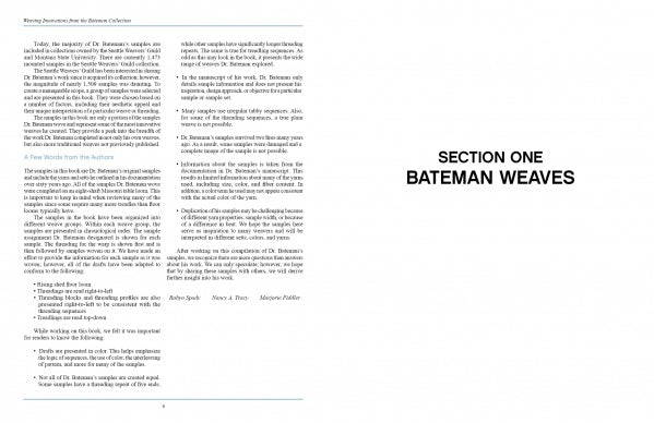 A two-page spread from *Weaving Innovations from the Bateman Collection* (Schiffer Publishing, Ltd.) features Bateman weaves: the left page provides detailed text and bullet points; the right displays "SECTION ONE BATEMAN WEAVES" on a white background.