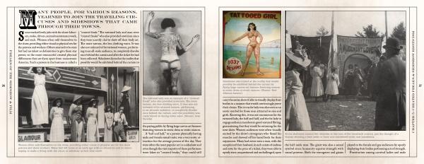 A two-page spread from "Freaks of Sideshow and Film" by Schiffer Publishing, Ltd. displays vintage photos and posters of tattooed women in sideshows, with text examining circus history and tattooed performers' cultural context.