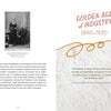 A spread from Schiffer Publishing, Ltd.'s Wool shows a sepia photo of Henry & Nellie Wheelock Richardson, text on U.S. wool production, and a wool texture background with a quote, titled GOLDEN AGE OF INDUSTRY 1890–1920.