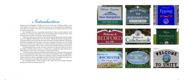 A collage featuring the "Welcome to New Hampshire" sign by Schiffer Publishing, Ltd., capturing Granite State history and the scenic beauty of New England landscapes.