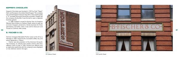 A brick building with a vertical Koppers Chocolate sign and another with a B. Fischer & Co. sign—classic NYC ghost signs featured in "Ghost Signs" by Schiffer Publishing, Ltd., highlight downtown’s history and Frank Mastropolo’s work.