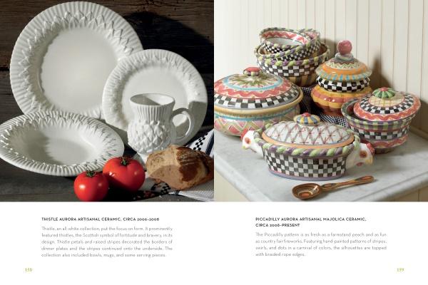Two catalog pages: The left features white braided-rim ceramic dinnerware with a mug, tomatoes, and bread. The right displays vibrant, patterned serving dishes, echoing the handcrafted style showcased in Celebrating MacKenzie-Childs by Schiffer Publishing, Ltd.