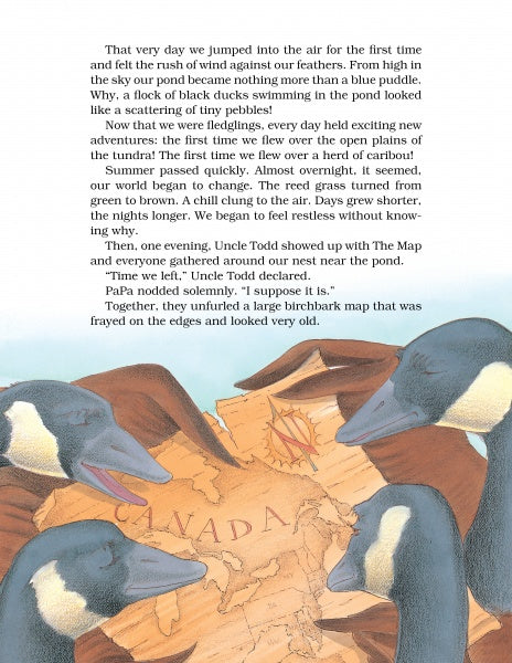 Four Toulouse goslings and an adult, from Schiffer Publishing, Ltd., study a map of Canada on the grass. In this scene, black ducks soar above a pond, with grassy fields and trees in the distance.