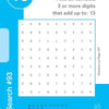SumSearch by Schiffer Publishing, Ltd. is a blue and white numeric puzzle where you find combos of 3+ digits that total 13, with checkboxes for 3x, 4x, 5x, and 6x combos at the bottom. Fun brain game on a page labeled #93.