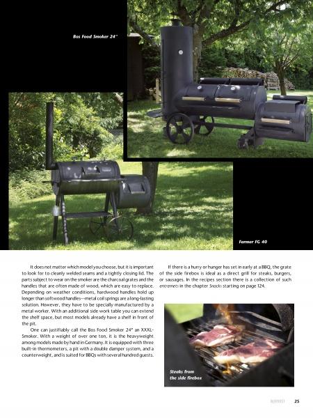 Three images display black metal barbecue smokers—two on wheels with chimney pipes and lids, and one close-up of steaks cooking. The page features The Big Smoker Book by Schiffer Publishing, Ltd., with tips for low and slow smoking techniques.