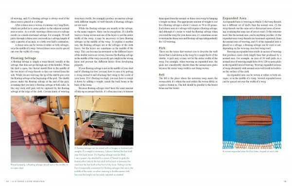 A spread from "3-D Hand Loom Weaving" by Schiffer Publishing, Ltd. features text plus two images: one of hands weaving at a loom with tools, and the other showing a close-up of woven blue, brown, and tan fabric.
