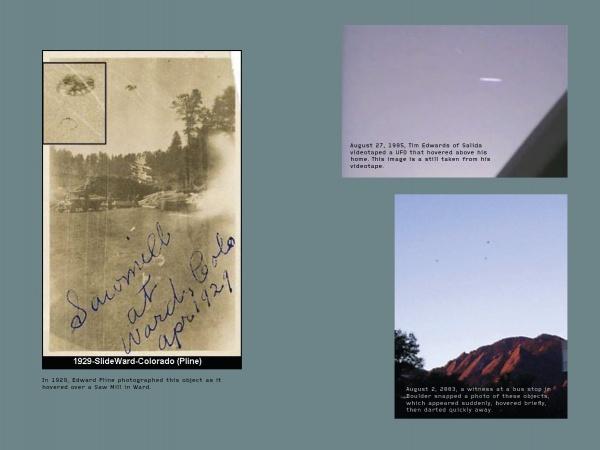 UFOs Over Colorado by Schiffer Publishing, Ltd. features a collage: Summit at North Pole, April 1921 (sepia); a blurry light, August 27, 1985; and three dots above red rock hills at dusk, 2003—chronicling Colorado's UFO history.