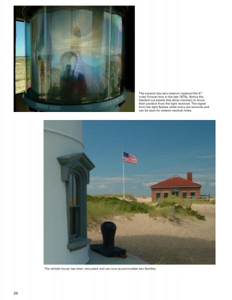 Top: Close-up of a lighthouse beacon’s glass. Bottom: Lighthouse base, American flag, dunes, and brick building—featured in "Cape Cod Lighthouses and Lightships" by Schiffer Publishing, Ltd., perfect for lighthouse fans.