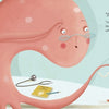 In "Little Shell and Jittery Jellyfish" by Schiffer Publishing, Ltd., a pink octopus with glasses talks to a worried friend in a doctor’s office, surrounded by medical charts and a yellow notebook—perfect for an augmented reality children’s book.